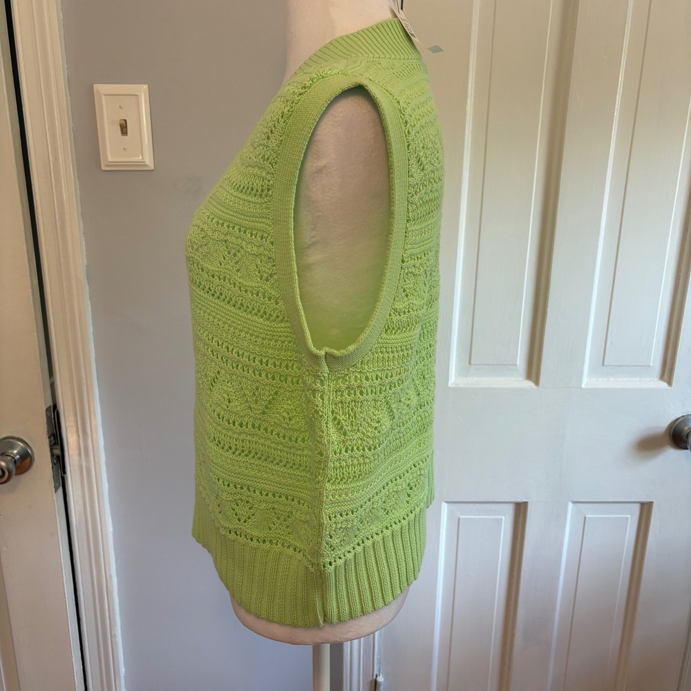 NEW Talbots Womens Medium Sweater Vest Green Pointelle Knit V-Neck 100% Cotton - Picture 2 of 8